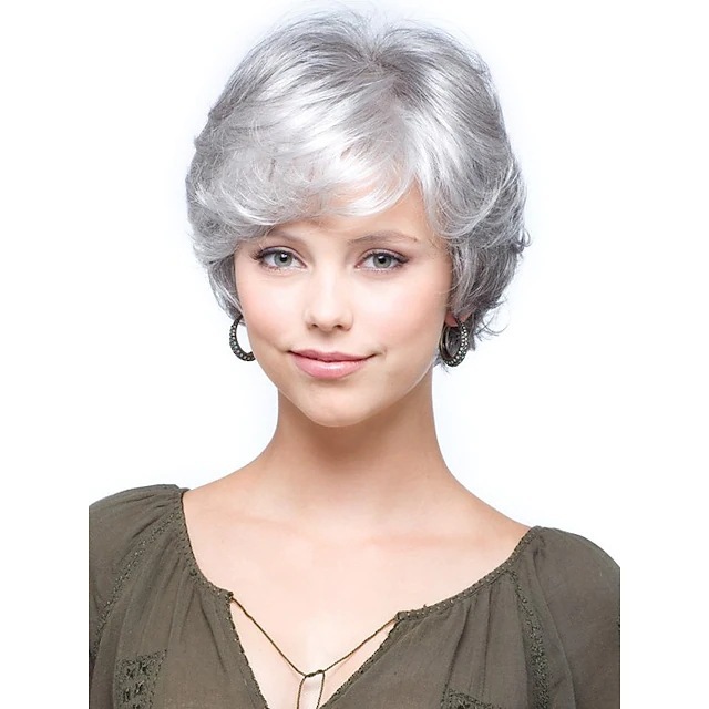 European and American foreign trade elderly hair wig gradient color gray white white wig head cover women's short roll synthetic hair cover European and American foreign trade elderly hair wig gradient color gray white white wig head cover women's short roll synthetic hair cover