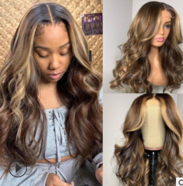 Amazon Cross border Europe and America New Wig Medium Split Gradient Yellow Long Curled Hair Women's Big Wave Wig Rose Net Amazon Cross border Europe and America New Wig Medium Split Gradient Yellow Long Curled Hair Women's Big Wave Wig Rose Net
