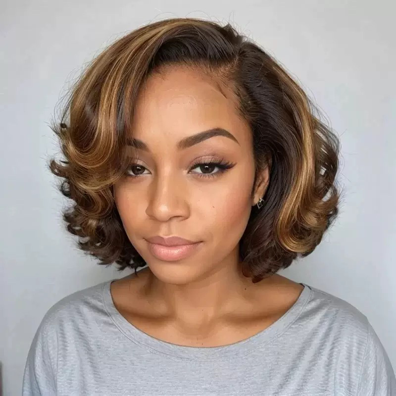Cross border split bangs, short hair, slightly curled styling, fashionable lace and synthetic full head wig from Europe and America Cross border split bangs, short hair, slightly curled styling, fashionable lace and synthetic full head wig from Europe and America