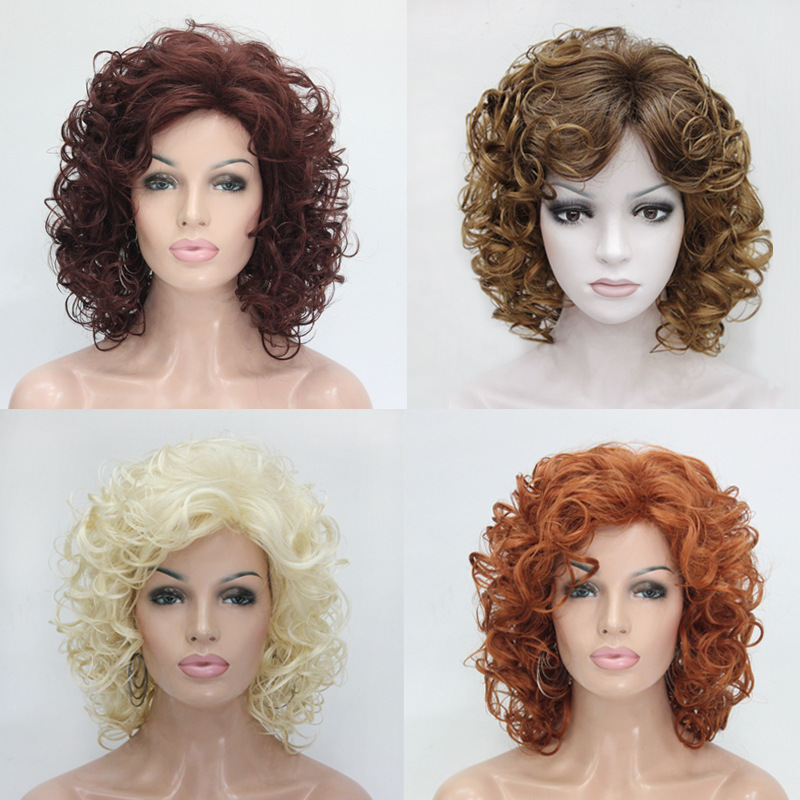 European and American wig cross-border wool roll medium long short hair diagonal bangs fluffy natural small curly hair synthetic headband wig