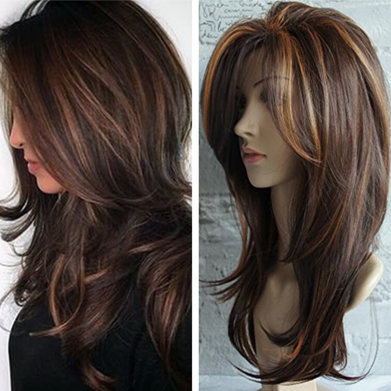 Foreign trade wig European and American women's linen mixed brown medium long straight synthetic wig manufacturer wholesale hair agency