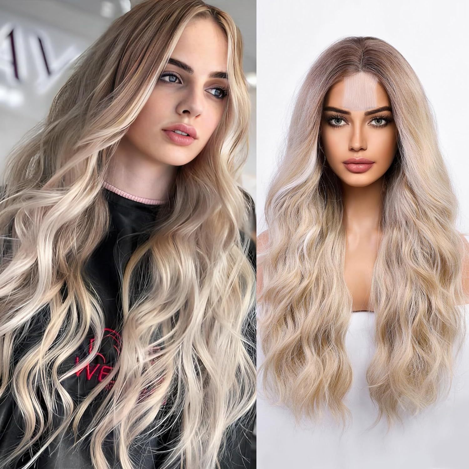 Amazon's new wig for women in Europe and America, front lace synthetic headband, small lace, medium split, long curly hair wigs