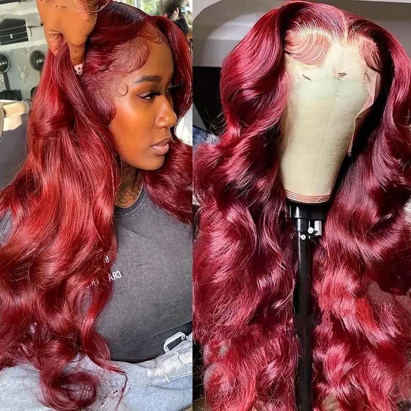Cross border European and American fashion wine red wig hot selling front lace 13 * 4 large wave long curly hair full head cover Cross border European and American fashion wine red wig hot selling front lace 13 * 4 large wave long curly hair full head cover