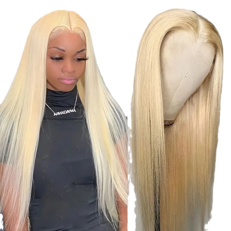 Cross border hot selling new European and American fashion light gold wig fashionable front lace lace full head cover factory stock Cross border hot selling new European and American fashion light gold wig fashionable front lace lace full head cover factory stock