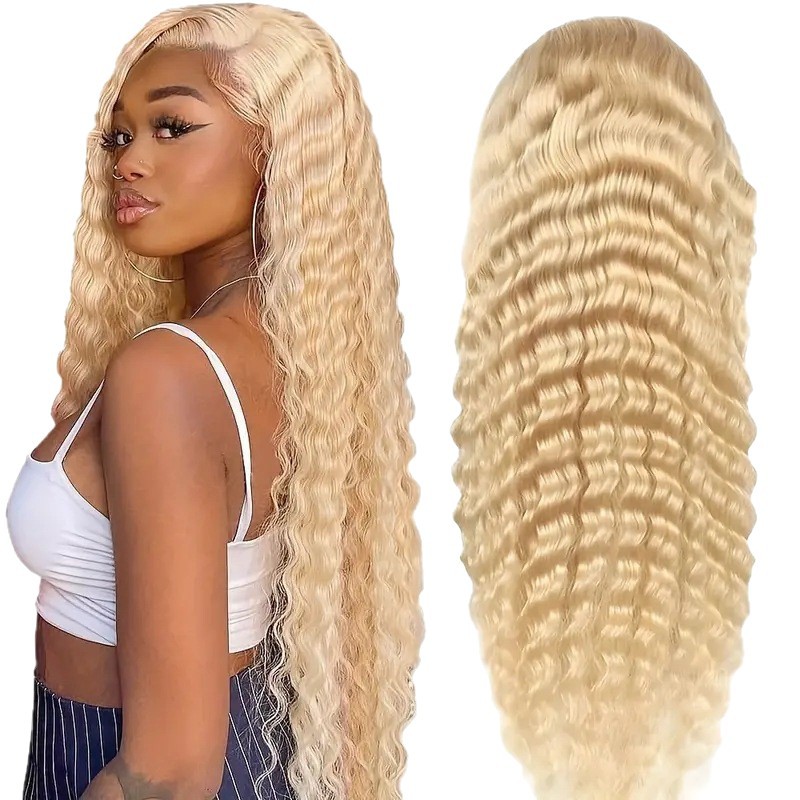 Cross border European and American fashion water ripple small roll wig African hot selling front lace off white headband deep wig Cross border European and American fashion water ripple small roll wig African hot selling front lace off white headband deep wig