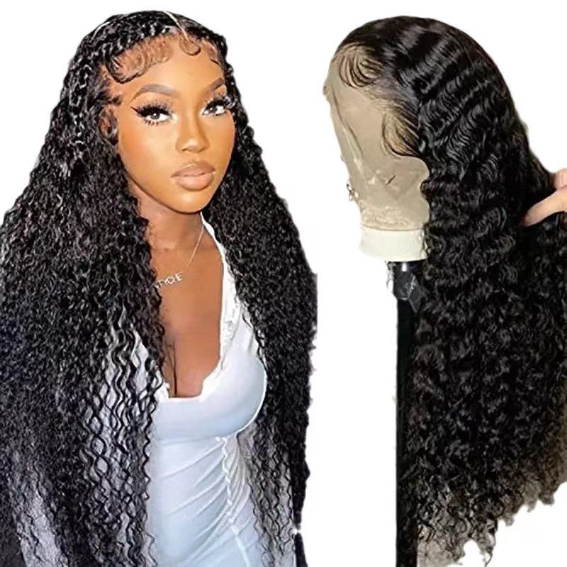 Cross border wig Amazon hot selling African hand hook 13 * 4 front lace synthetic wig black medium split long curly hair Cross border wig Amazon hot selling African hand hook 13 * 4 front lace synthetic wig black medium split long curly hair