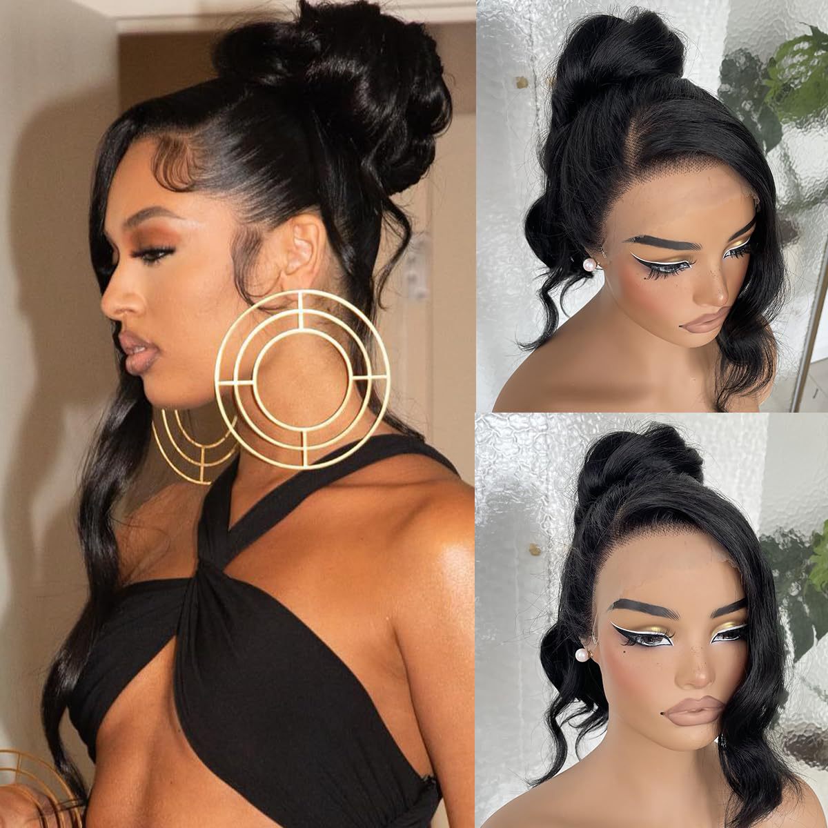 Amazon's new wig, European and American women's front lace synthetic headband, black, slightly split, long curly hair with big waves