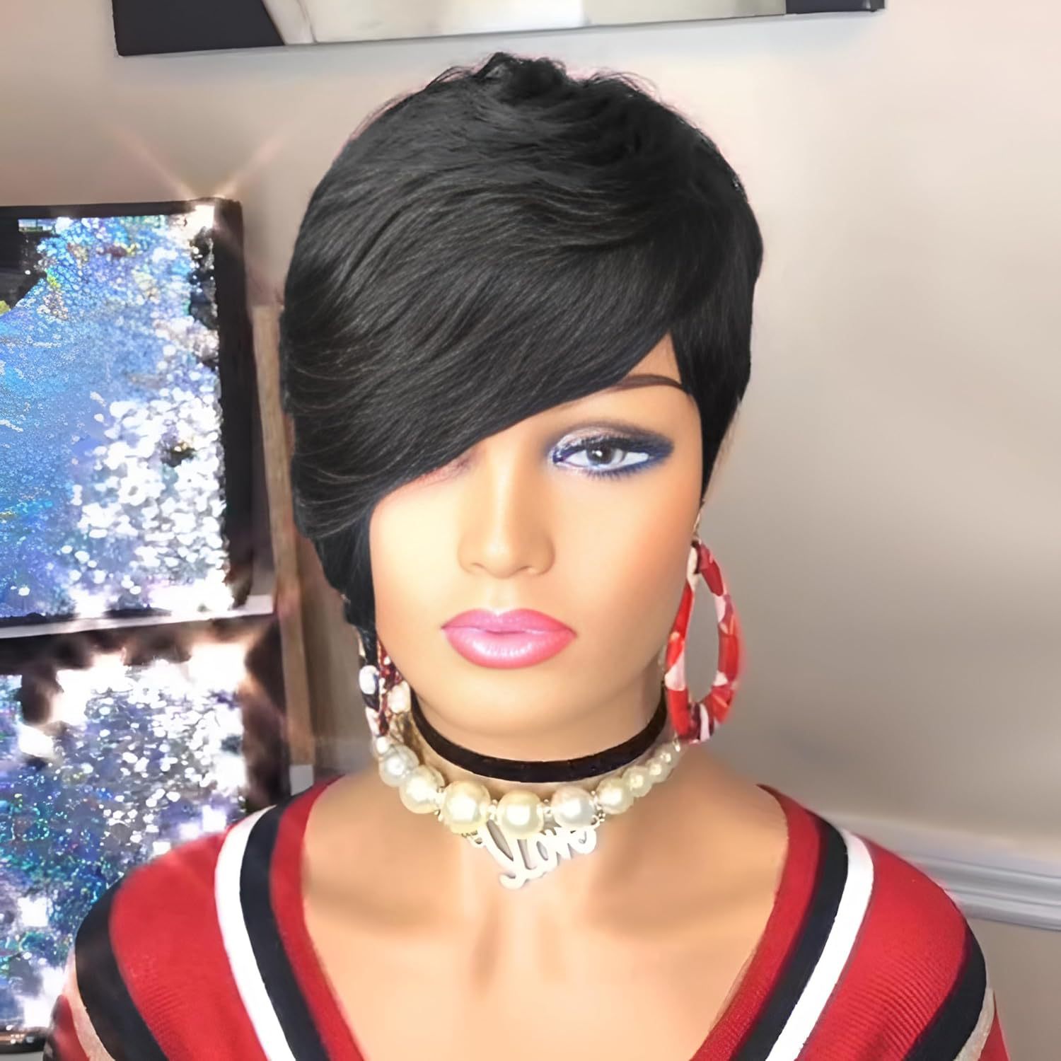 Amazon's new wig, European and American women's fashionable synthetic head cover, black, slightly split, short, straight hair manufacturer wholesale