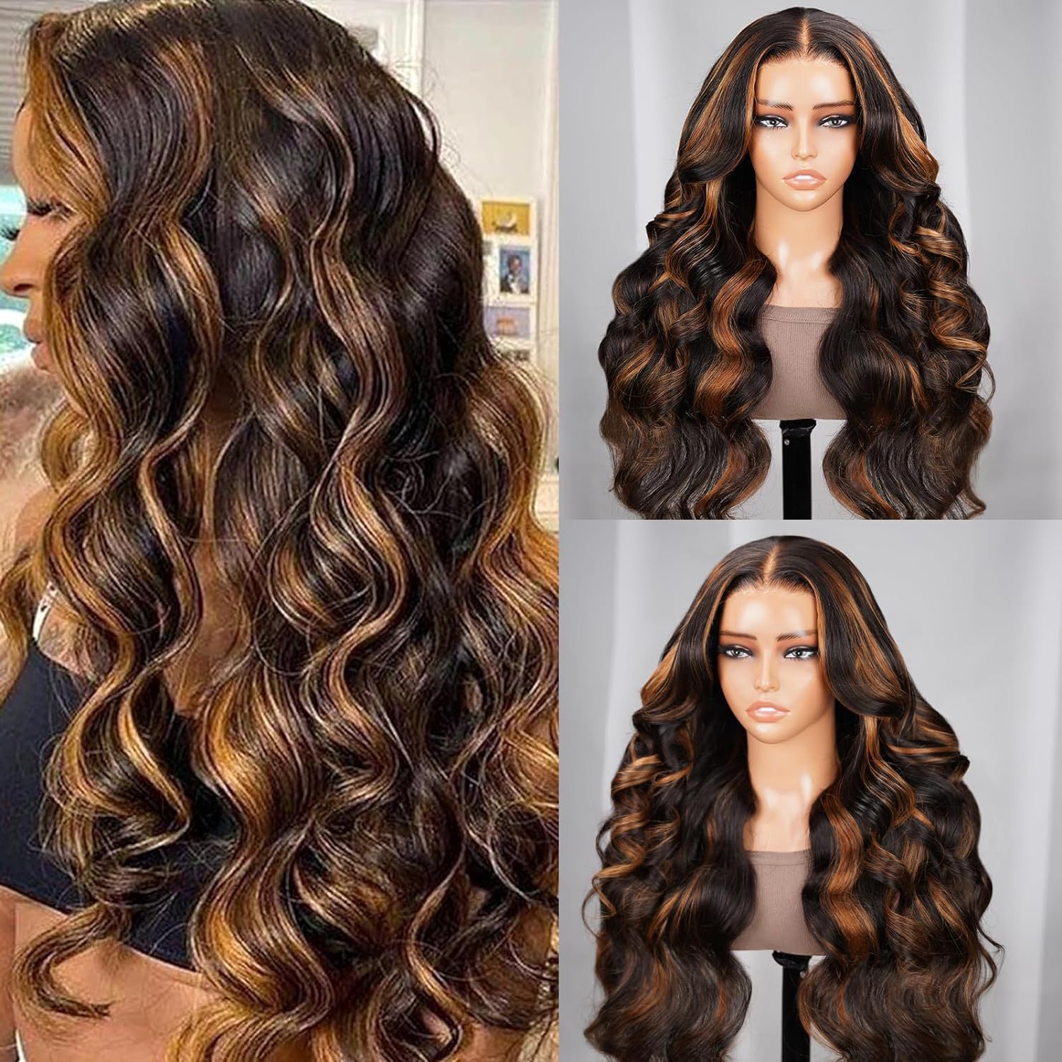 Cross border wig, European and American women's front lace wig, brown mixed color, medium split long curly hair, big wave manufacturer wig