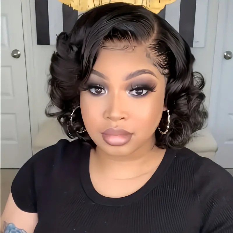 European and American lace wig, black, slightly parted, short curly hair, high-temperature silk, fluffy synthetic fiber, big wave curly hair headband