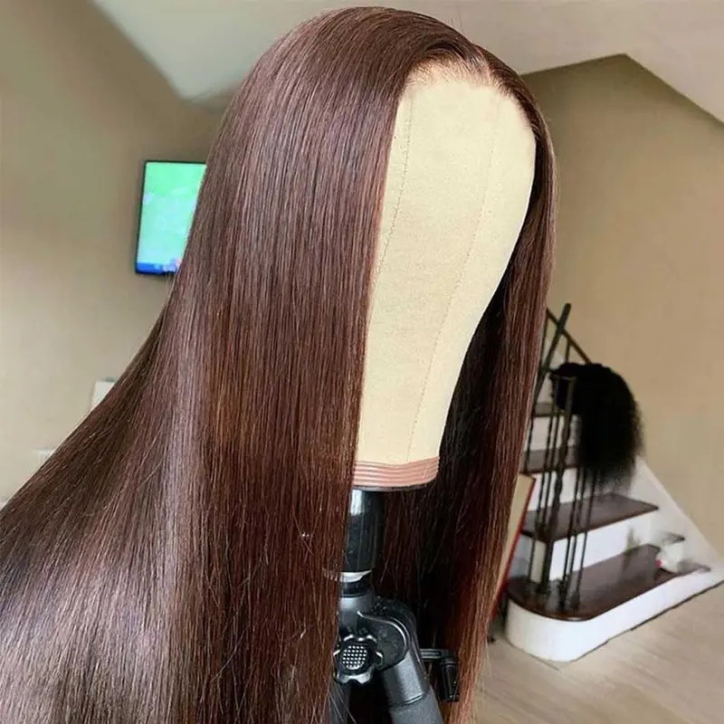 Amazon Women's Long Straight Hair Cover in Europe and America, Hot Selling in Africa, Lace Mid Split Dark Brown Straight Hair Wig