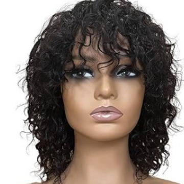 Cross border wig for African women, black short curly hair with bangs, small curly hair, synthetic full head cover