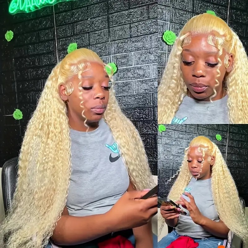 Front lace wig, European and American women's light gold small curly wig, mid split fluffy long curly hair, cross-border wig set Front lace wig, European and American women's light gold small curly wig, mid split fluffy long curly hair, cross-border wig set