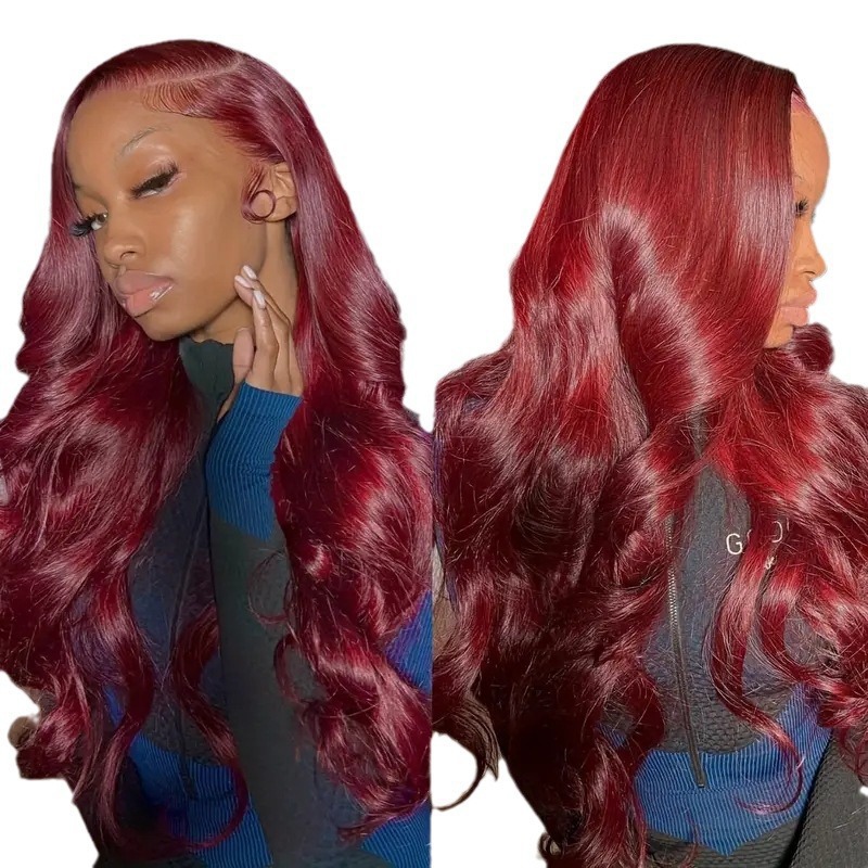 Cross border European and American fashion wine red wig hot selling front lace big wave long curly hair wig full head cover Cross border European and American fashion wine red wig hot selling front lace big wave long curly hair wig full head cover