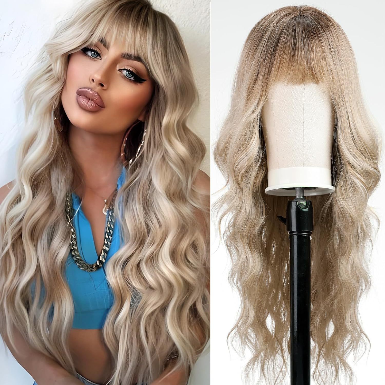 Cross border wig, European and American women's fashionable synthetic headband, brown gradient color, bangs, long curly hair, water ripple