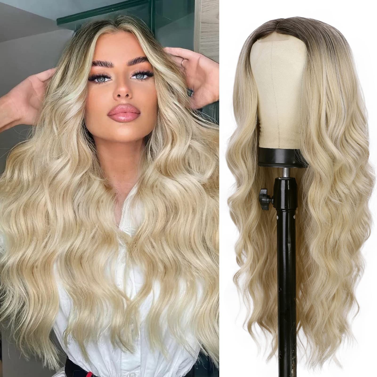 Amazon Cross border Europe and America New Wig Medium Split Gradient Yellow Long Curled Hair Women's Big Wave Wig Rose Net Amazon Cross border Europe and America New Wig Medium Split Gradient Yellow Long Curled Hair Women's Big Wave Wig Rose Net