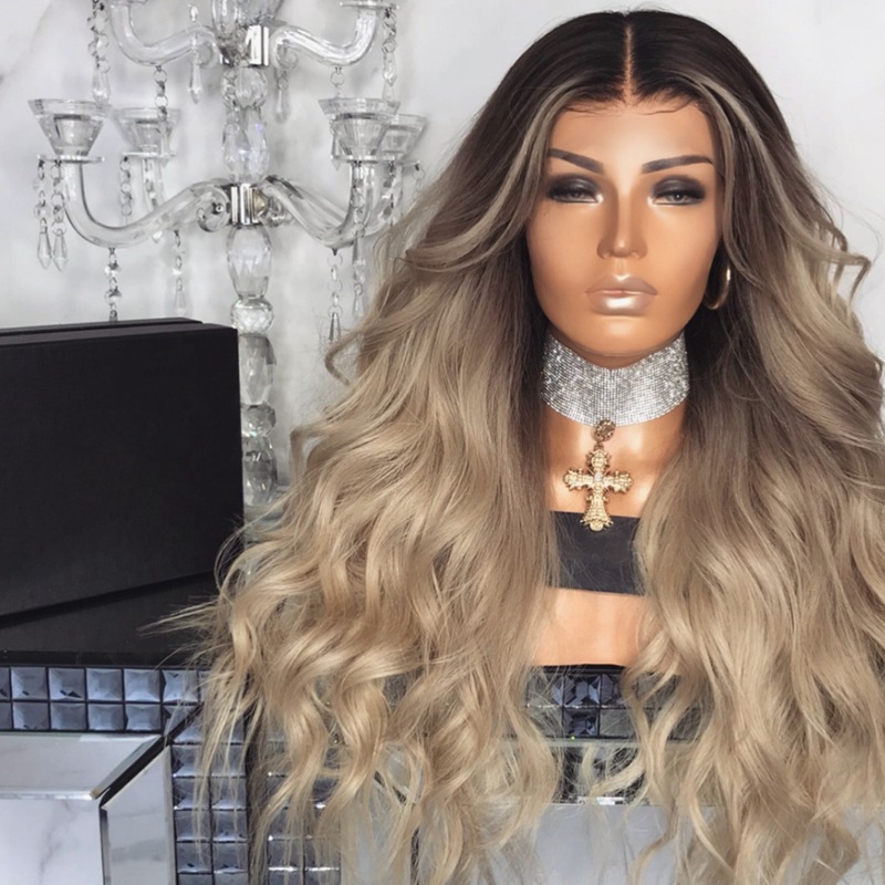 Amazon Cross border Europe and America New Wig Medium Split Gradient Yellow Long Curled Hair Women's Big Wave Wig Rose Net Amazon Cross border Europe and America New Wig Medium Split Gradient Yellow Long Curled Hair Women's Big Wave Wig Rose Net