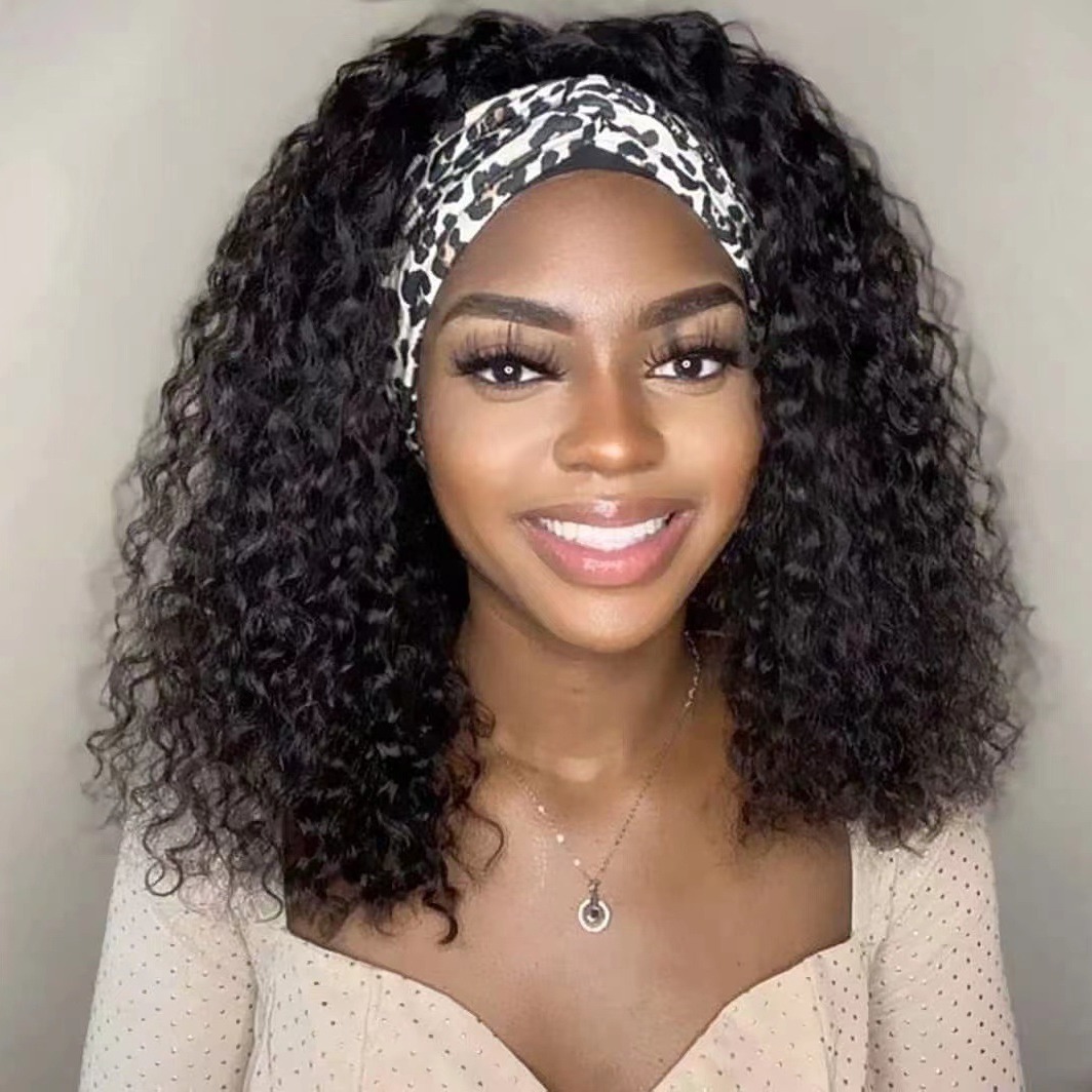 Cross border European and American women's ice silk headband, African small curls, short curly hair, high-temperature silk synthetic full head set, wig