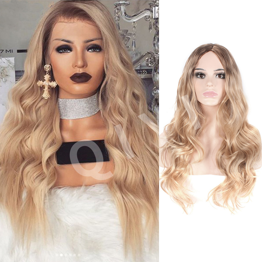 Amazon Cross border Europe and America New Wig Medium Split Gradient Yellow Long Curled Hair Women's Big Wave Wig Rose Net Amazon Cross border Europe and America New Wig Medium Split Gradient Yellow Long Curled Hair Women's Big Wave Wig Rose Net