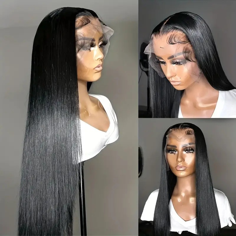 Cross border Amazon Women's Fashion Natural Black Medium Split Straight Hair Front Lace Lace Wig Full Headset Wig