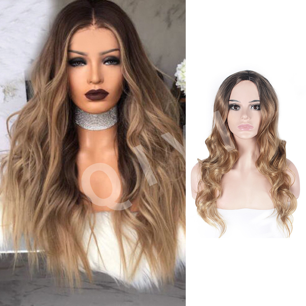 Amazon Cross border Europe and America New Wig Medium Split Gradient Yellow Long Curled Hair Women's Big Wave Wig Rose Net Amazon Cross border Europe and America New Wig Medium Split Gradient Yellow Long Curled Hair Women's Big Wave Wig Rose Net