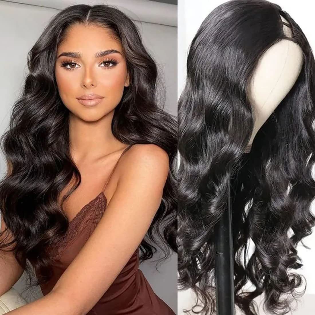 Foreign trade European and American fashion wig synthetic wig women's black long curly hair U-shaped elastic half head wig piece