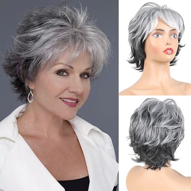 European and American foreign trade elderly hair wig gradient color gray white white wig head cover women's short roll synthetic hair cover