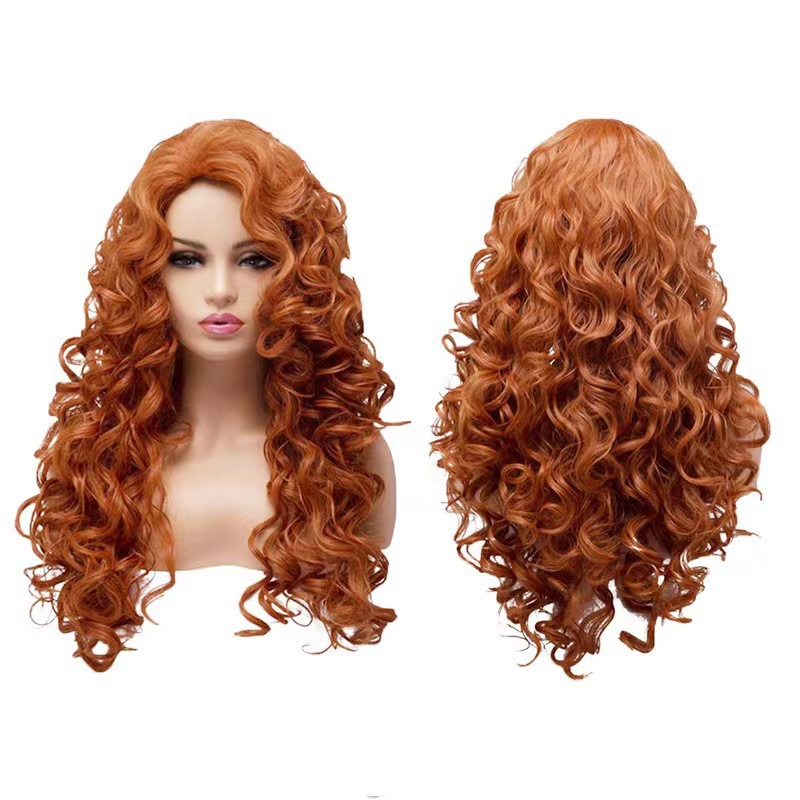 European and American women's brown long roll wig, internet famous, same style instant noodle head, fluffy natural wool roll wig headband