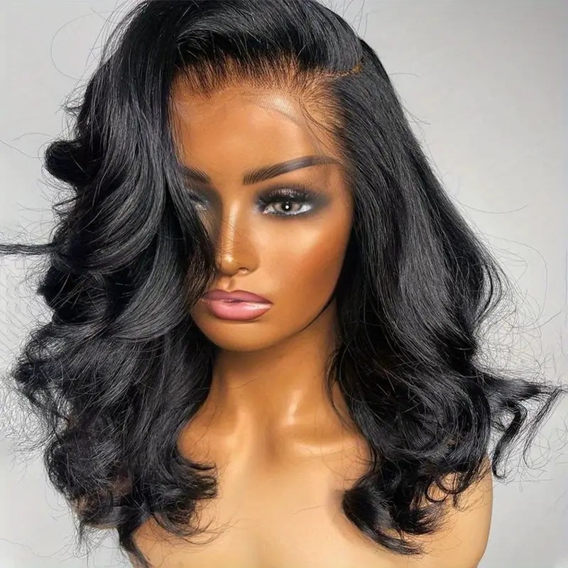 Cross border wig, European and American women's front lace synthetic headband, black, slightly split, short curly hair manufacturer, spot direct sales Cross border wig, European and American women's front lace synthetic headband, black, slightly split, short curly hair manufacturer, spot direct sales