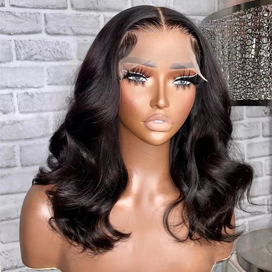European and American women's wig black front lace, mid split large wavy curly hair, natural short curly hair, wig headband wholesale