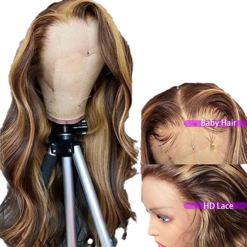 Front lace wig, European and American long curly hair gradient color women's wig, big wave headband, human hair wigs Front lace wig, European and American long curly hair gradient color women's wig, big wave headband, human hair wigs