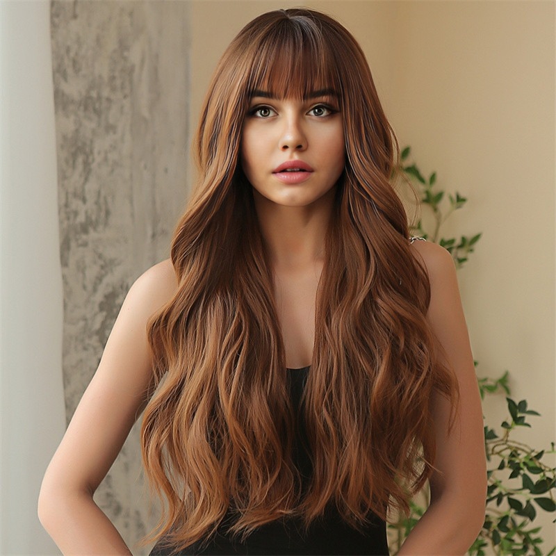 European and American big wave curly wig for women, brown long curly hair, spicy girl style, new style with bangs and long hair wig set