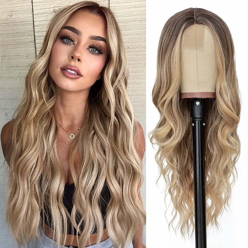 Amazon Cross border Europe and America New Wig Medium Split Gradient Yellow Long Curled Hair Women's Big Wave Wig Rose Net Amazon Cross border Europe and America New Wig Medium Split Gradient Yellow Long Curled Hair Women's Big Wave Wig Rose Net
