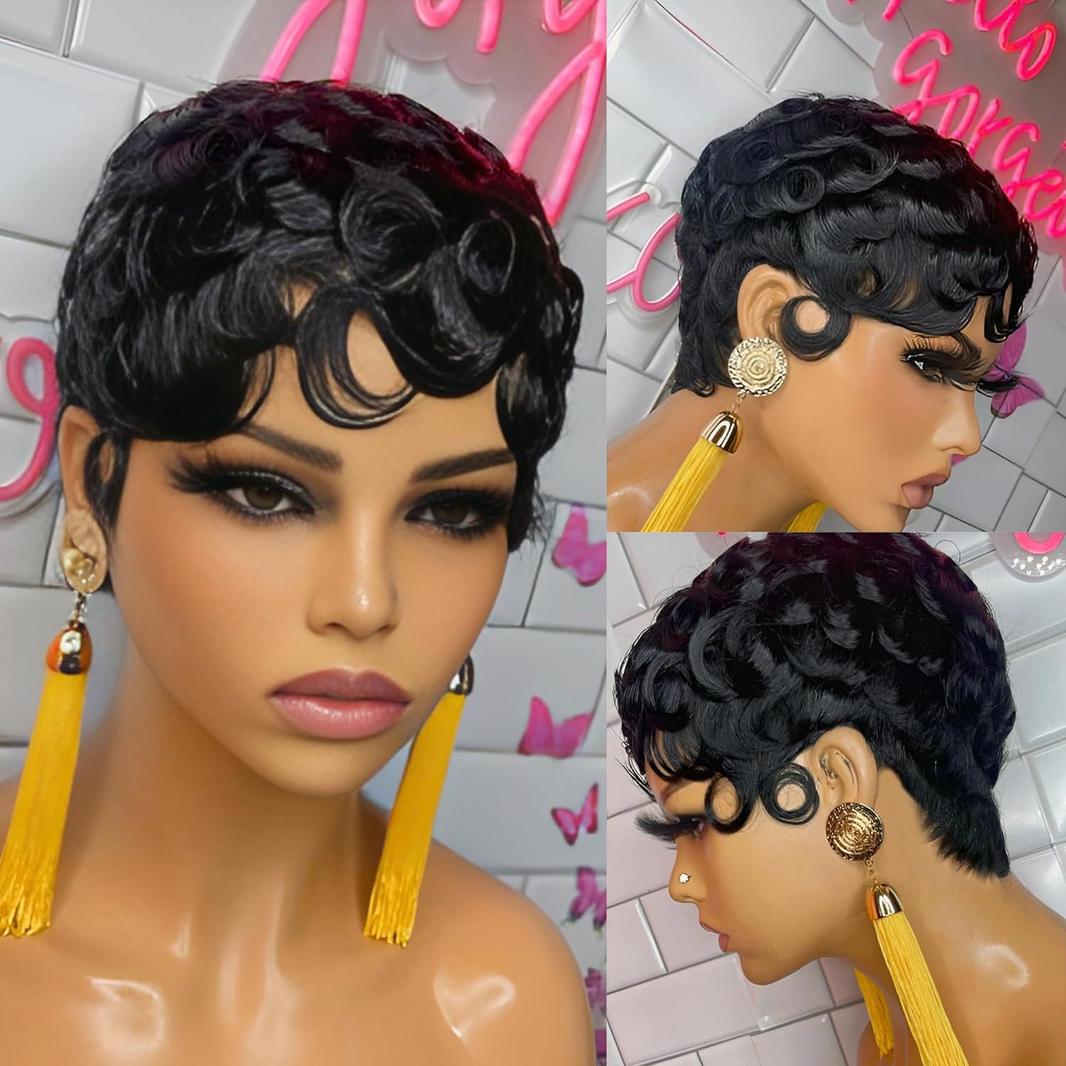 Cross border wig, Shanghai retro classical black short curly hair headband, high-temperature silk synthetic wig, women's short hair wig