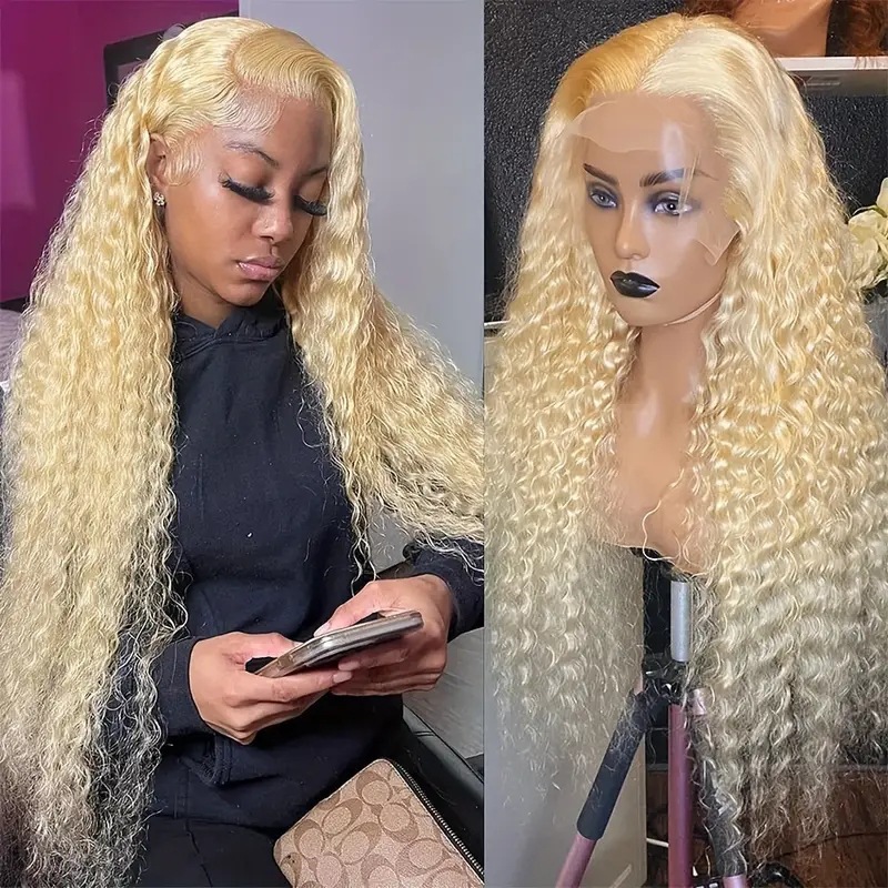 Front lace wig, European and American women's light gold small curly wig, mid split fluffy long curly hair, cross-border wig set Front lace wig, European and American women's light gold small curly wig, mid split fluffy long curly hair, cross-border wig set
