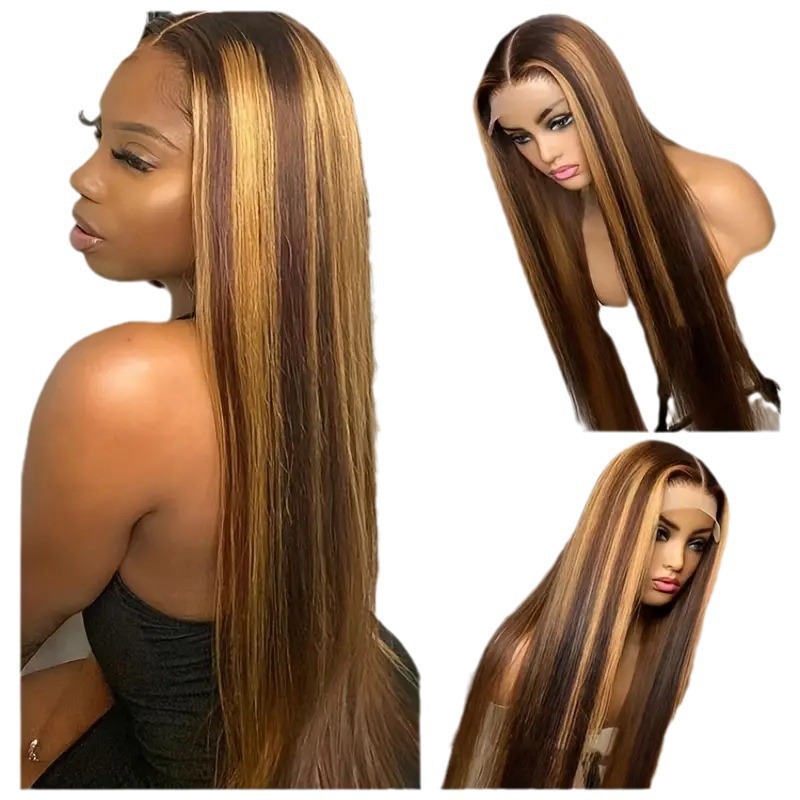 Cross border foreign trade, European and American fashion, piano color, dyed wig, African hot selling front lace long straight hair full head cover Cross border foreign trade, European and American fashion, piano color, dyed wig, African hot selling front lace long straight hair full head cover