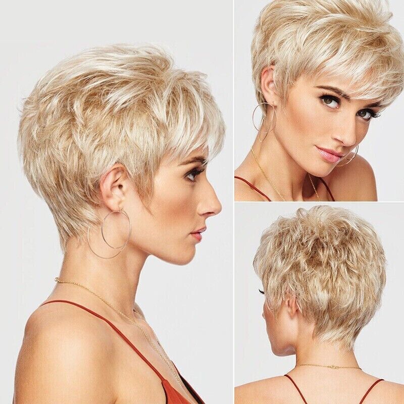 Cross border European and American women's wigs, fluffy slanted bangs, short hair, golden dye gradient, adjustable or slanted synthetic headbands