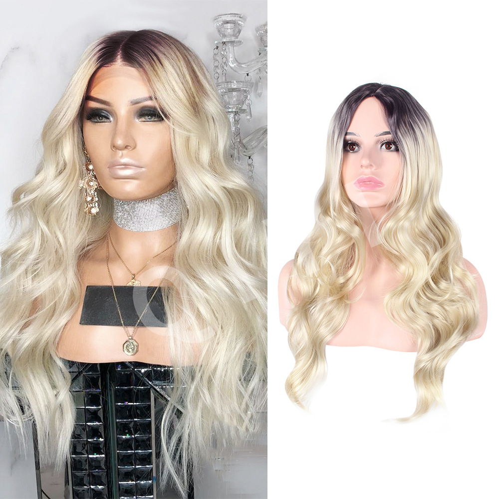 Amazon Cross border Europe and America New Wig Medium Split Gradient Yellow Long Curled Hair Women's Big Wave Wig Rose Net Amazon Cross border Europe and America New Wig Medium Split Gradient Yellow Long Curled Hair Women's Big Wave Wig Rose Net