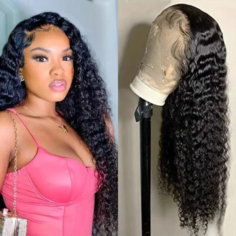 Cross border wig Amazon hot selling African hand hook 13 * 4 front lace synthetic wig black medium split long curly hair Cross border wig Amazon hot selling African hand hook 13 * 4 front lace synthetic wig black medium split long curly hair