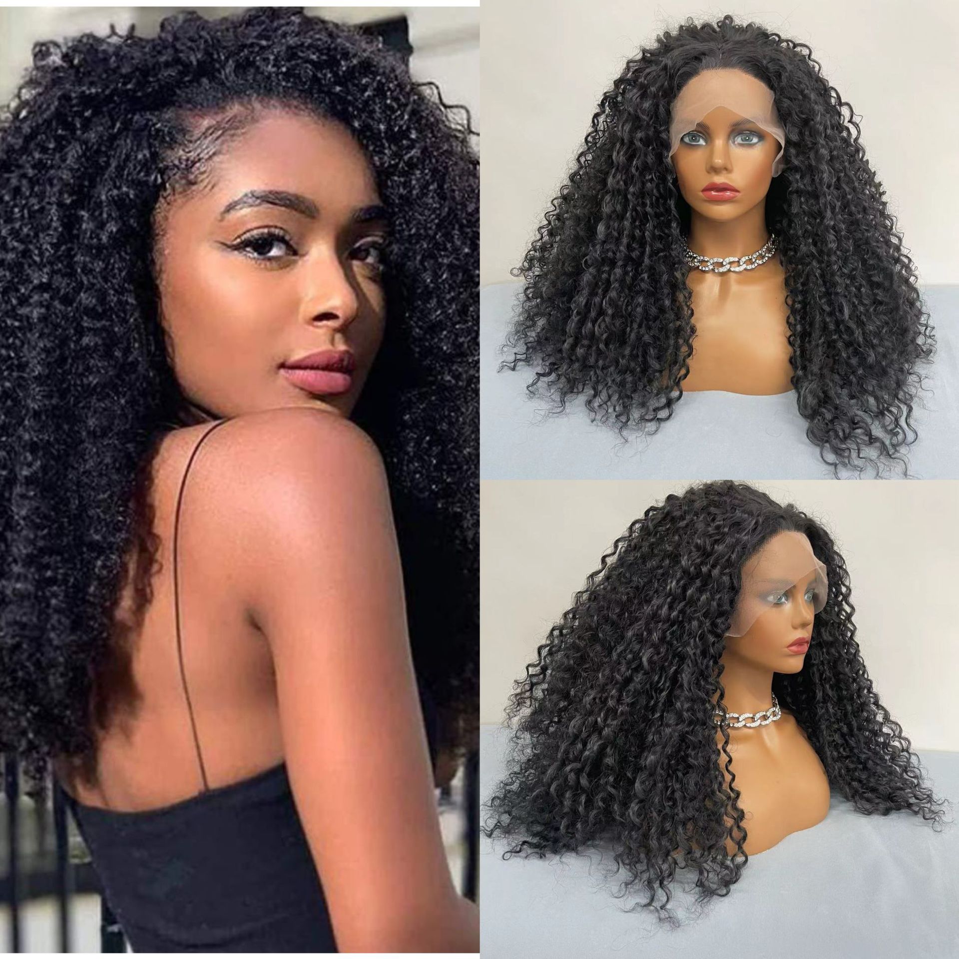 Spot Cross border European and American Women Wigs Front Lace Wig High Temperature Silk Black Long Curled Hair African Small Curl