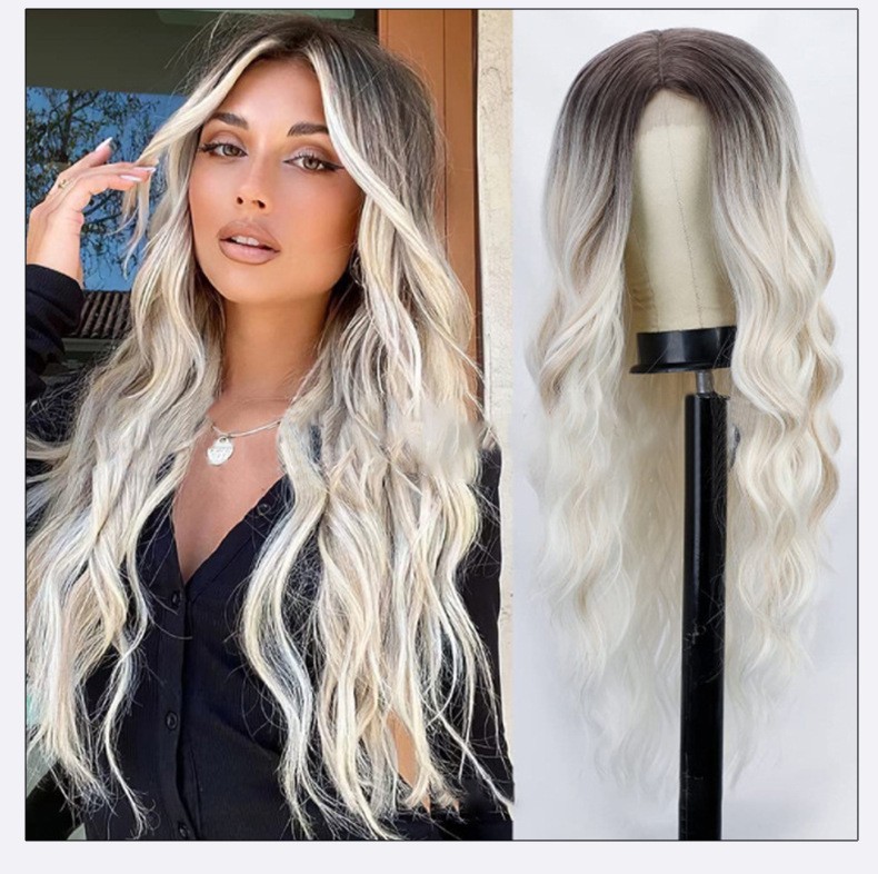 Amazon Cross border Europe and America New Wig Medium Split Gradient Yellow Long Curled Hair Women's Big Wave Wig Rose Net Amazon Cross border Europe and America New Wig Medium Split Gradient Yellow Long Curled Hair Women's Big Wave Wig Rose Net