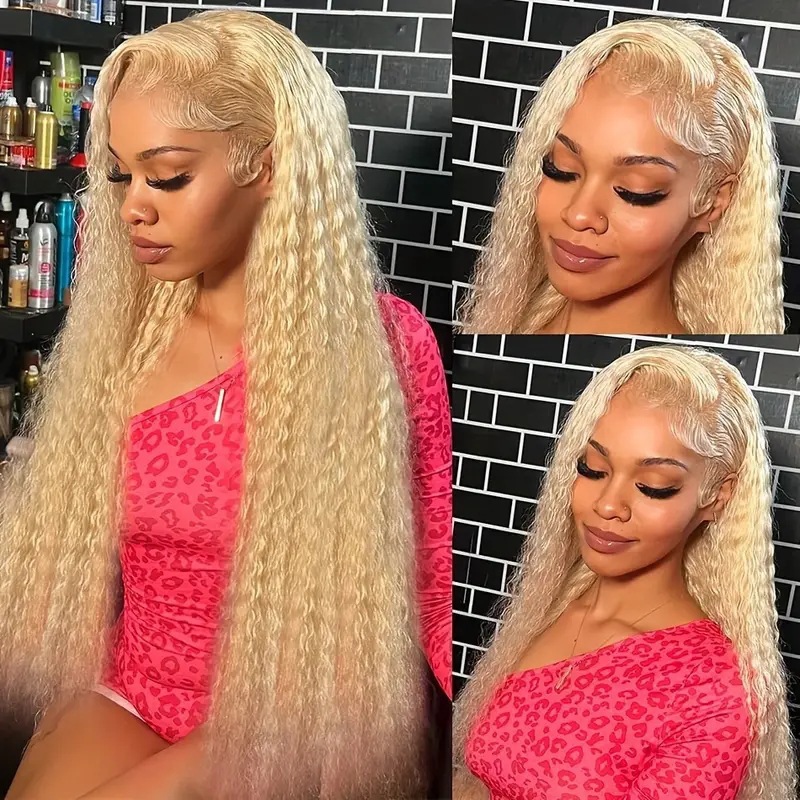 Front lace wig, European and American women's light gold small curly wig, mid split fluffy long curly hair, cross-border wig set