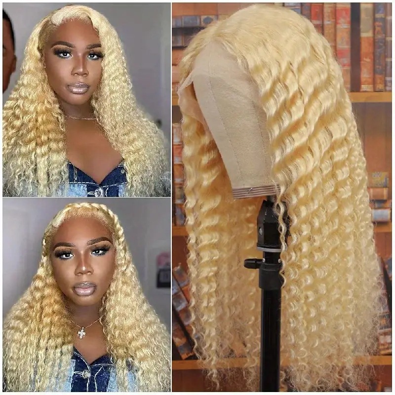 Front lace wig, European and American women's light gold small curly wig, mid split fluffy long curly hair, cross-border wig set Front lace wig, European and American women's light gold small curly wig, mid split fluffy long curly hair, cross-border wig set