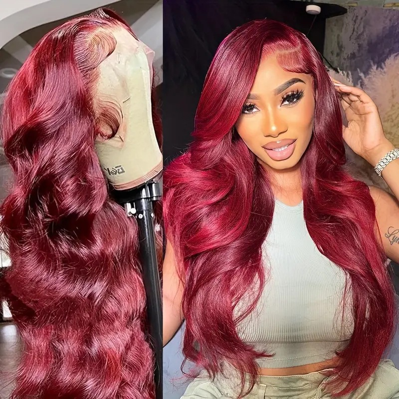 Cross border European and American fashion wine red wig hot selling front lace 13 * 4 large wave long curly hair full head cover