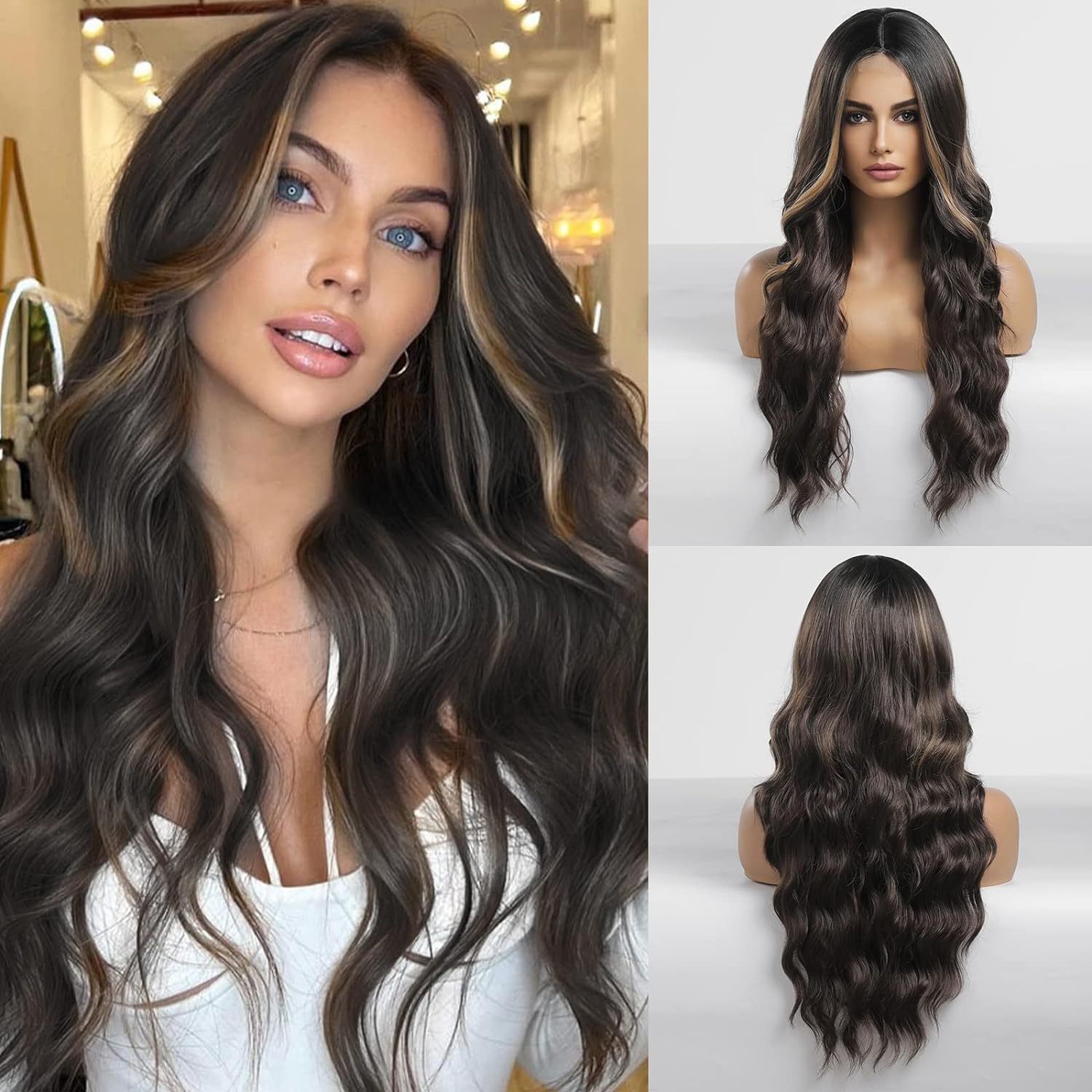 Amazon's new wig for women in Europe and America, front lace synthetic headband, small lace, medium split, long curly hair wigs Amazon's new wig for women in Europe and America, front lace synthetic headband, small lace, medium split, long curly hair wigs