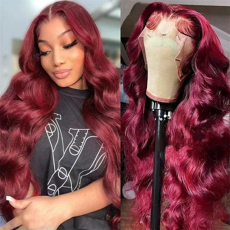 Cross border European and American fashion wine red wig hot selling front lace 13 * 4 large wave long curly hair full head cover Cross border European and American fashion wine red wig hot selling front lace 13 * 4 large wave long curly hair full head cover