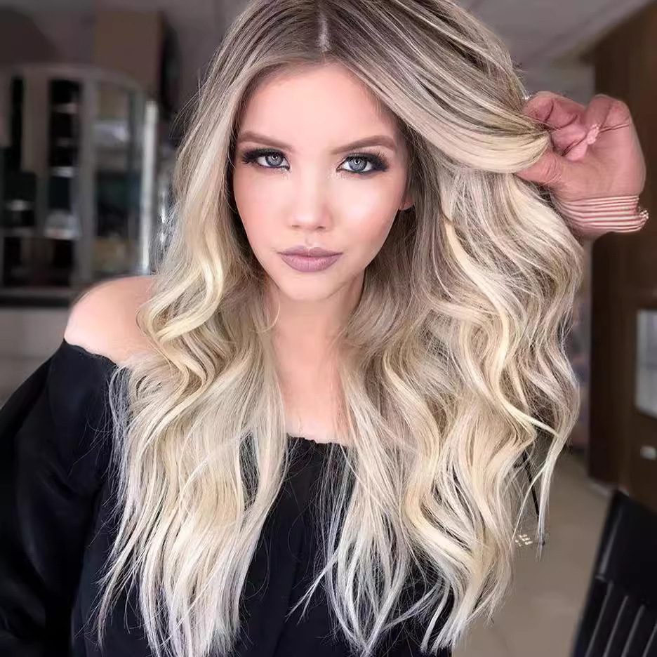 Amazon Cross border Europe and America New Wig Medium Split Gradient Yellow Long Curled Hair Women's Big Wave Wig Rose Net Amazon Cross border Europe and America New Wig Medium Split Gradient Yellow Long Curled Hair Women's Big Wave Wig Rose Net