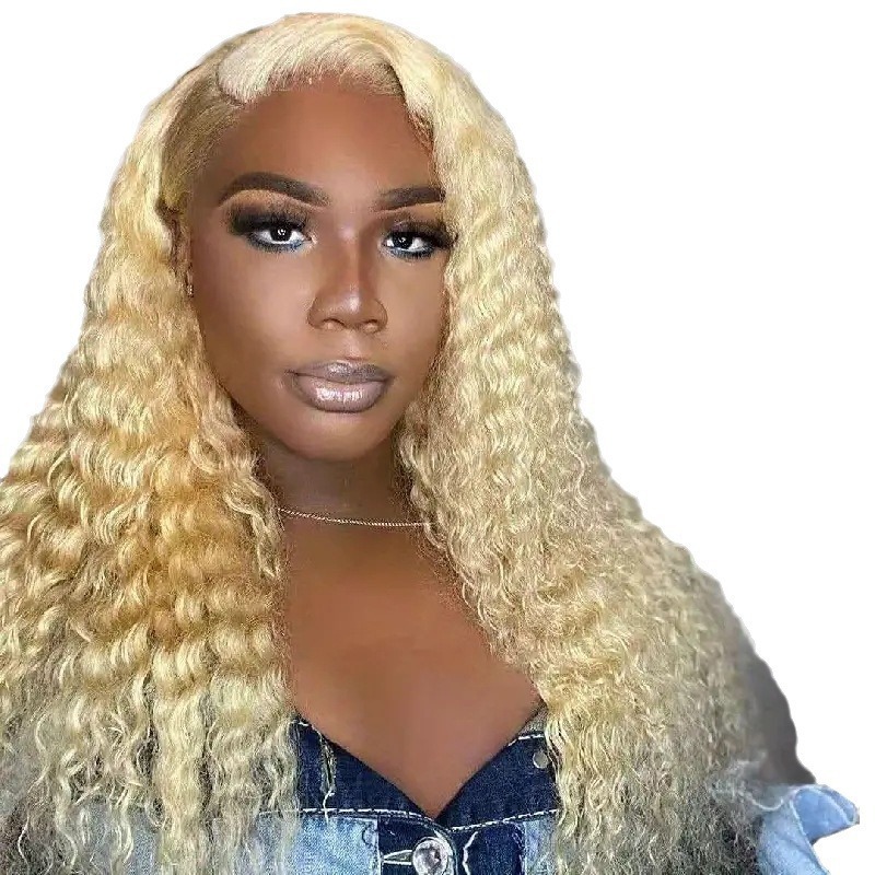 Front lace wig, European and American women's light gold small curly wig, mid split fluffy long curly hair, cross-border wig set Front lace wig, European and American women's light gold small curly wig, mid split fluffy long curly hair, cross-border wig set