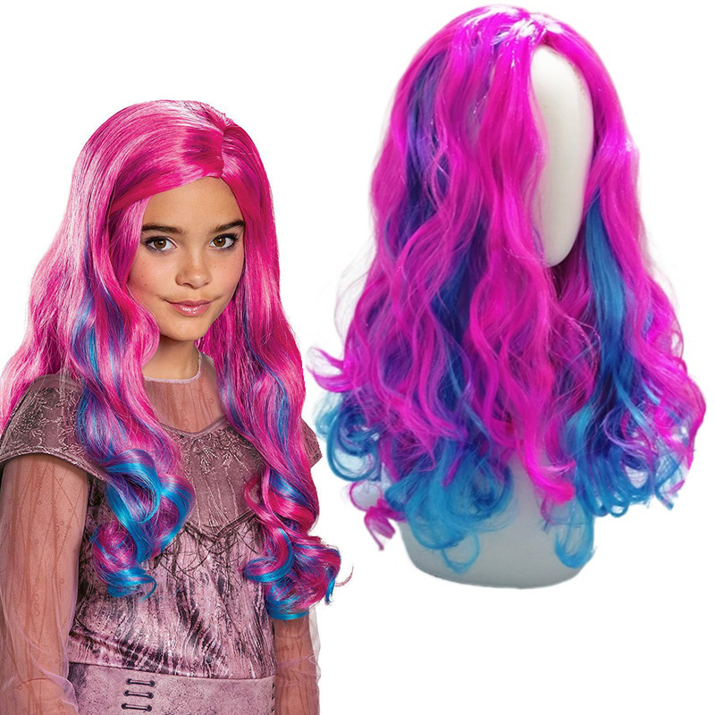 European and American wig movie descendant 2 Starlight inheritor Mal wig cosplay with bangs, split into long curly wigs European and American wig movie descendant 2 Starlight inheritor Mal wig cosplay with bangs, split into long curly wigs