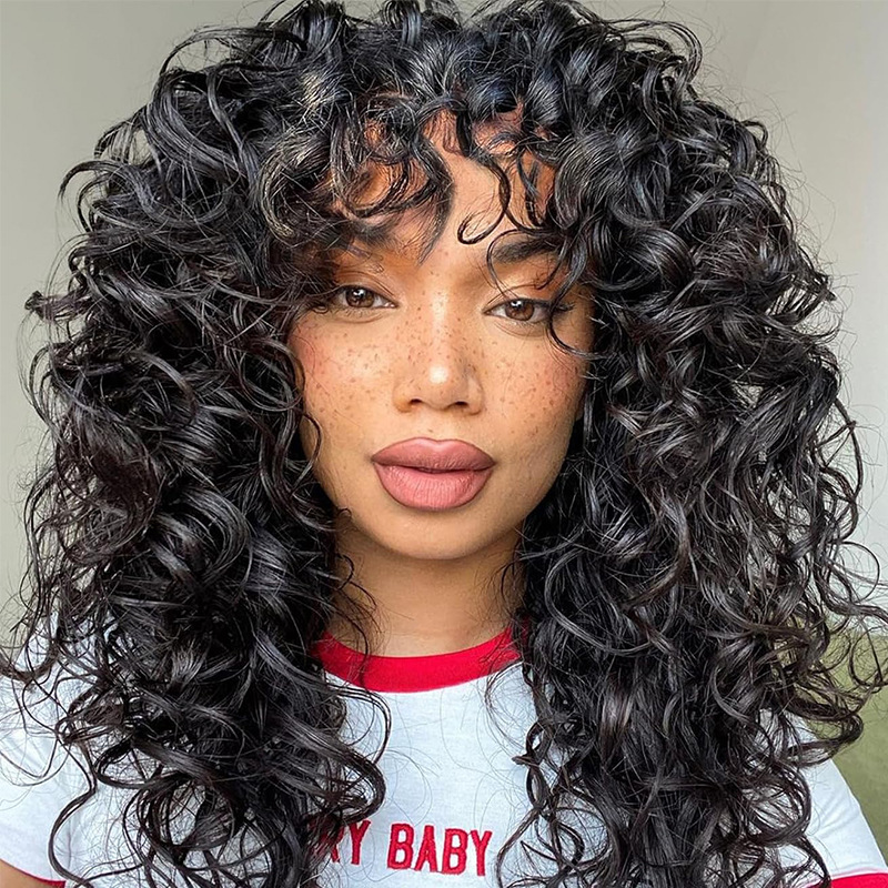 Amazon's new wig, European and American women's fashionable synthetic headband, black with bangs, short curly hair, curved wigs